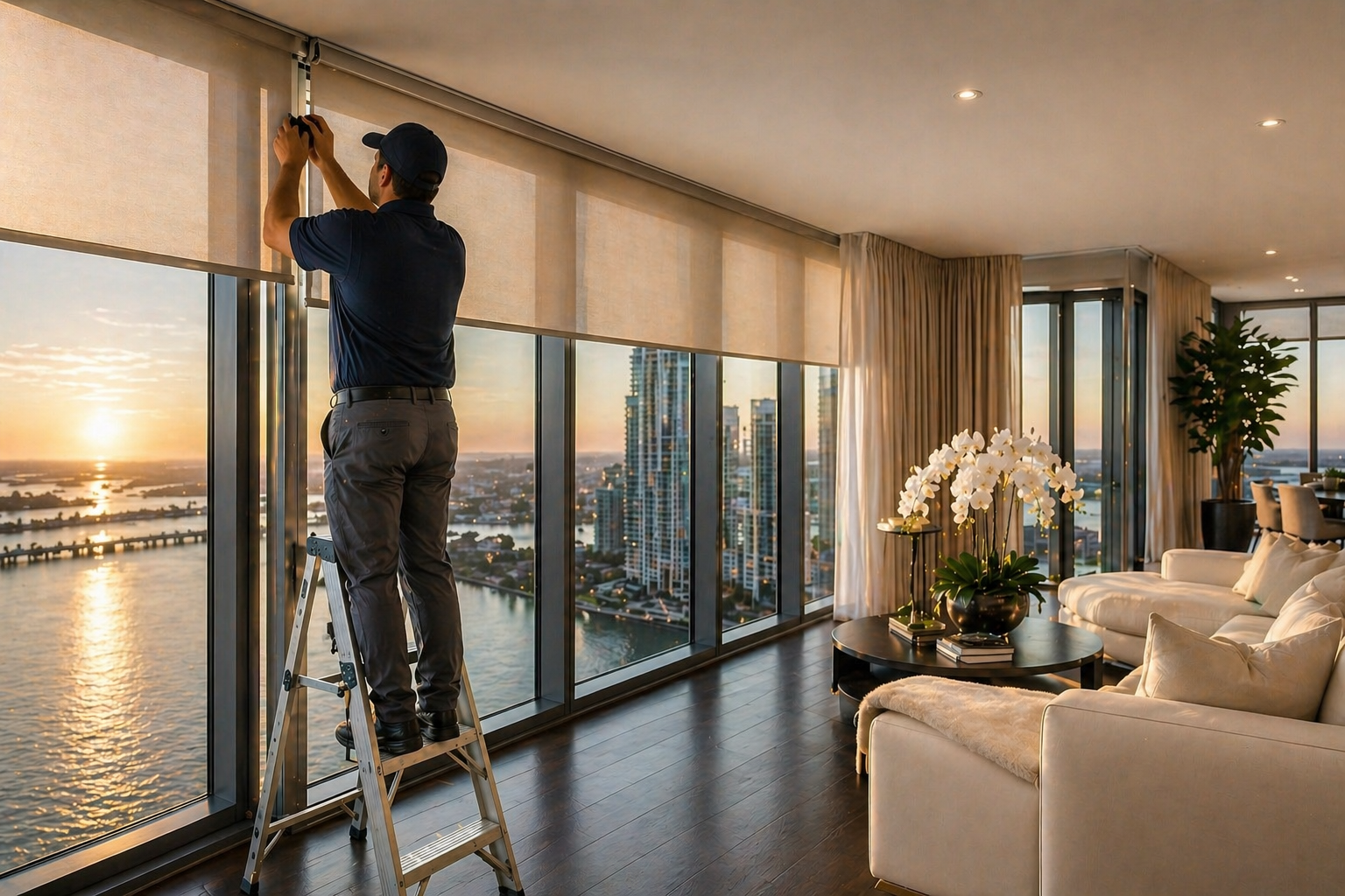 Professional installer fitting custom motorized roller shades in a luxury Miami waterfront condo with floor-to-ceiling windows and Biscayne Bay sunset view