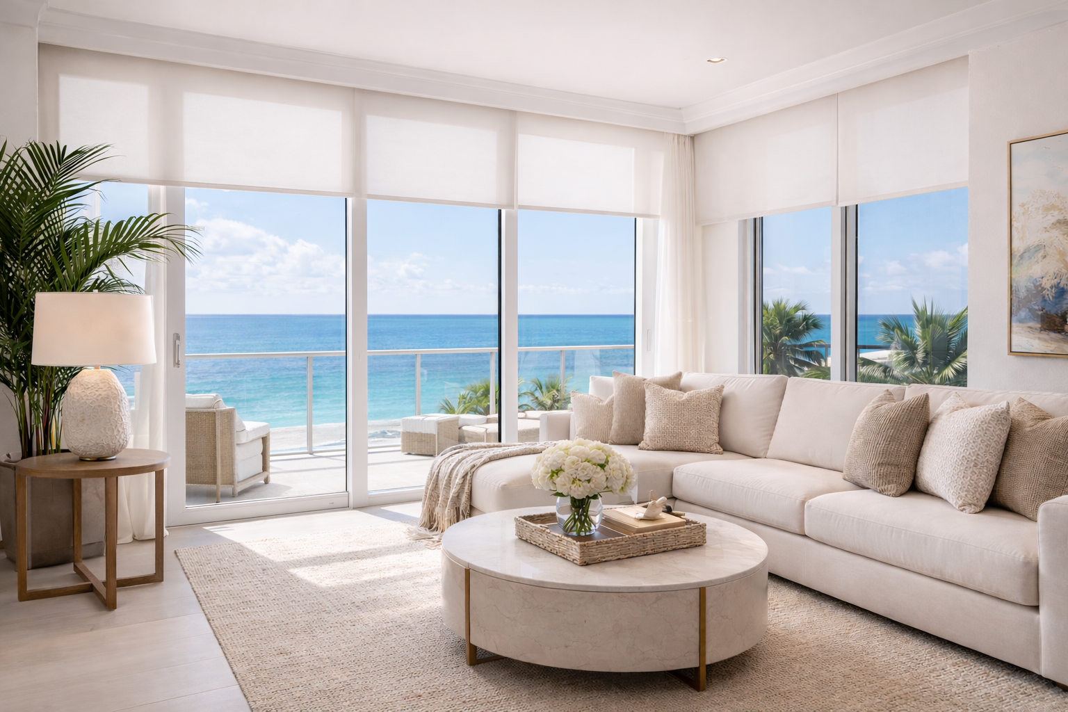 Custom white roller shades oceanfront luxury living room Felicia Interiors South Florida Miami Beach