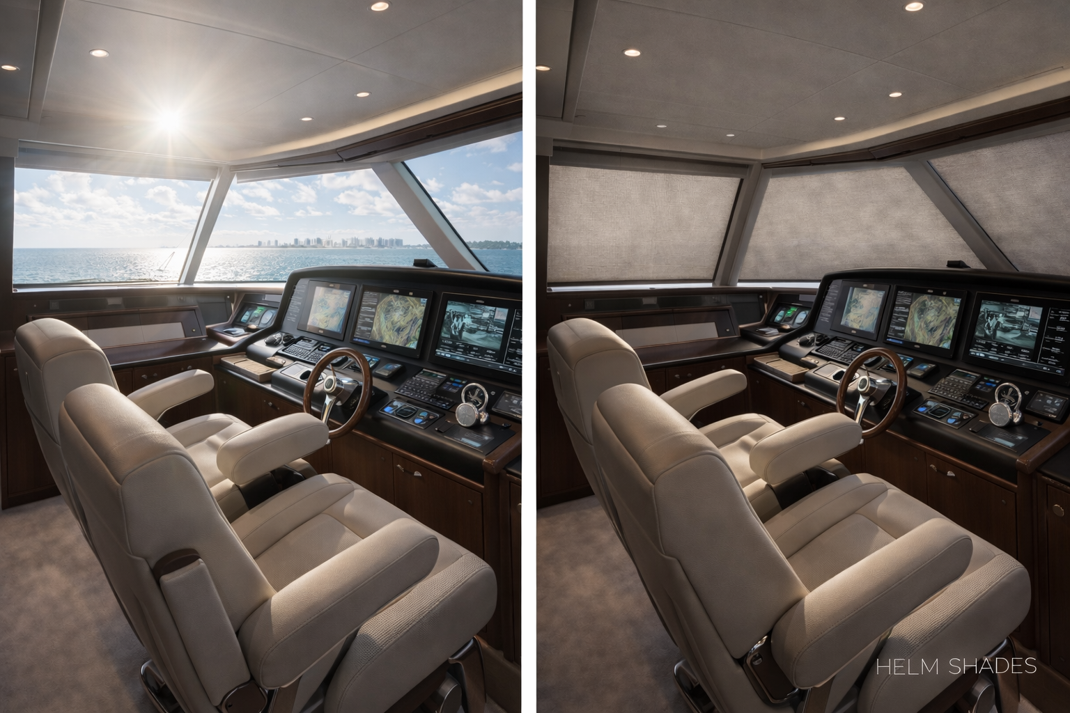 Before and after helm shades luxury yacht captain station navigation area Felicia Interiors Miami South Florida