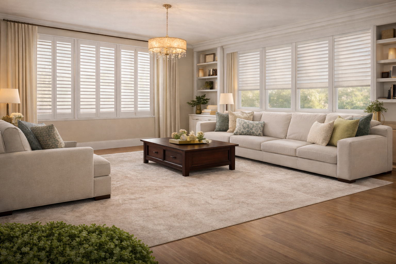 Custom plantation shutters elegant luxury living room Felicia Interiors Miami-Dade South Florida