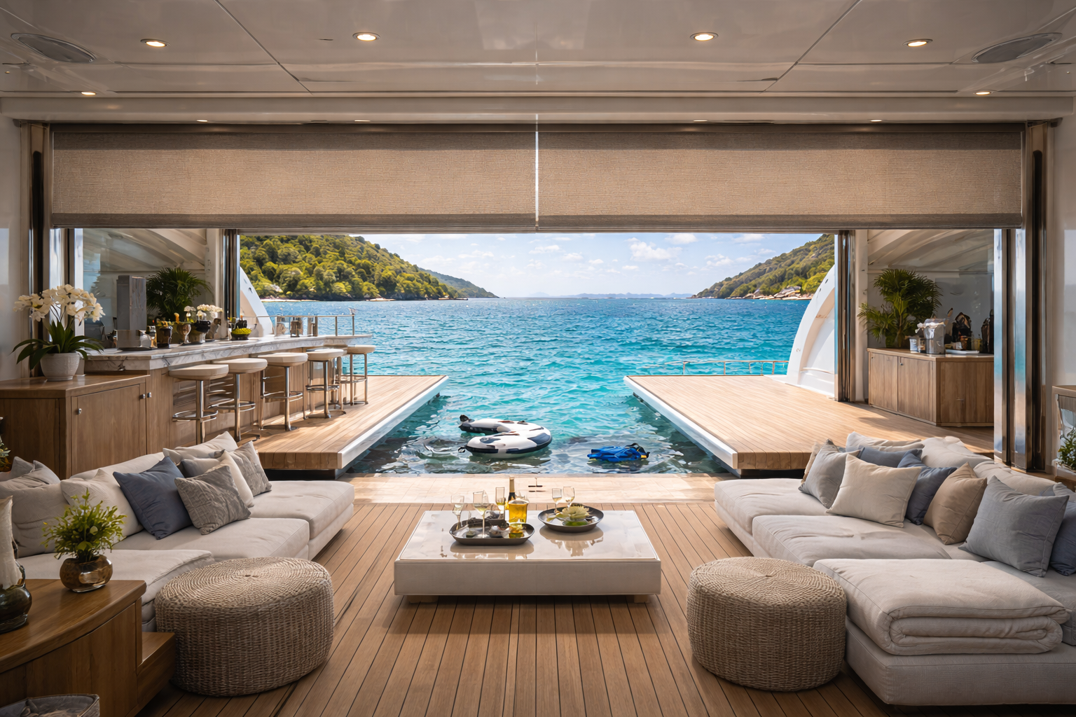 Luxury superyacht beach club salon roller shade open ocean view Felicia Interiors Miami South Florida