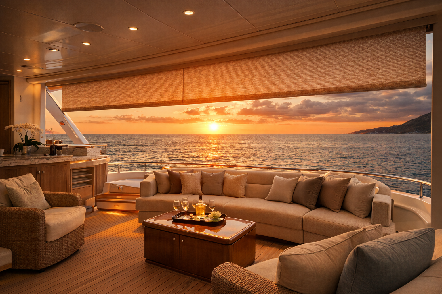 Luxury yacht salon roller shade breathtaking sunset ocean view Felicia Interiors Miami South Florida