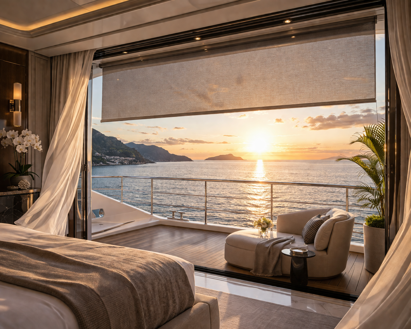 Custom roller shade luxury yacht salon sunset ocean view Felicia Interiors Miami South Florida