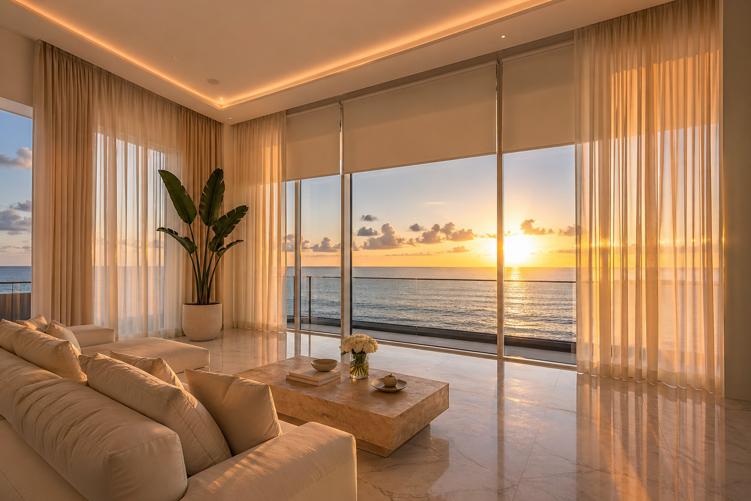 Custom motorized shades sheer drapes luxury oceanfront penthouse Miami Beach Bal Harbour Felicia Interiors