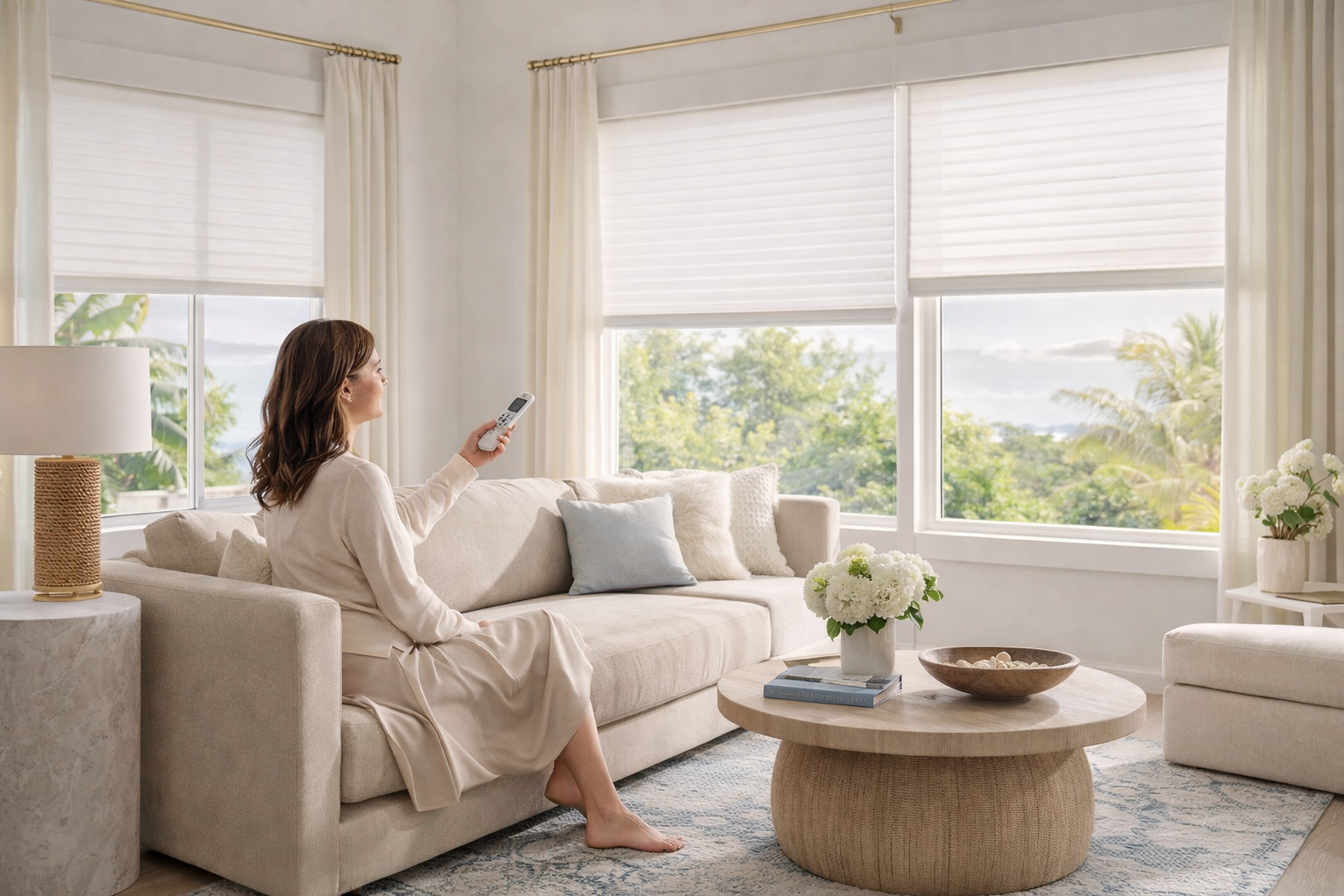 
Motorized cellular shades custom drapery Miami Beach South Beach condo Felicia Interiors