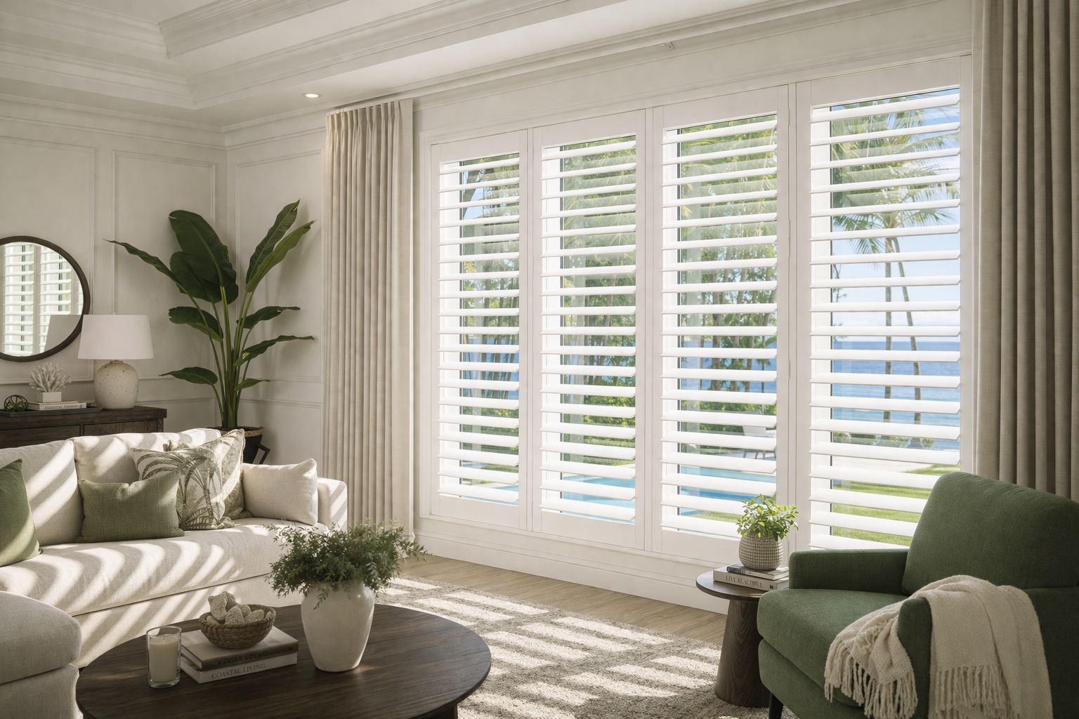 Residential window treatments plantation shutters drapery luxury home Felicia Interiors Miami-Dade South Florida