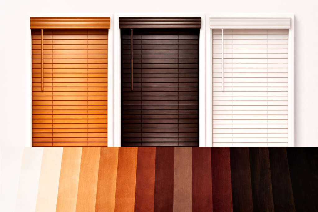 Custom wood blinds white dark brown tone selections Felicia Interiors Miami-Dade South Florida