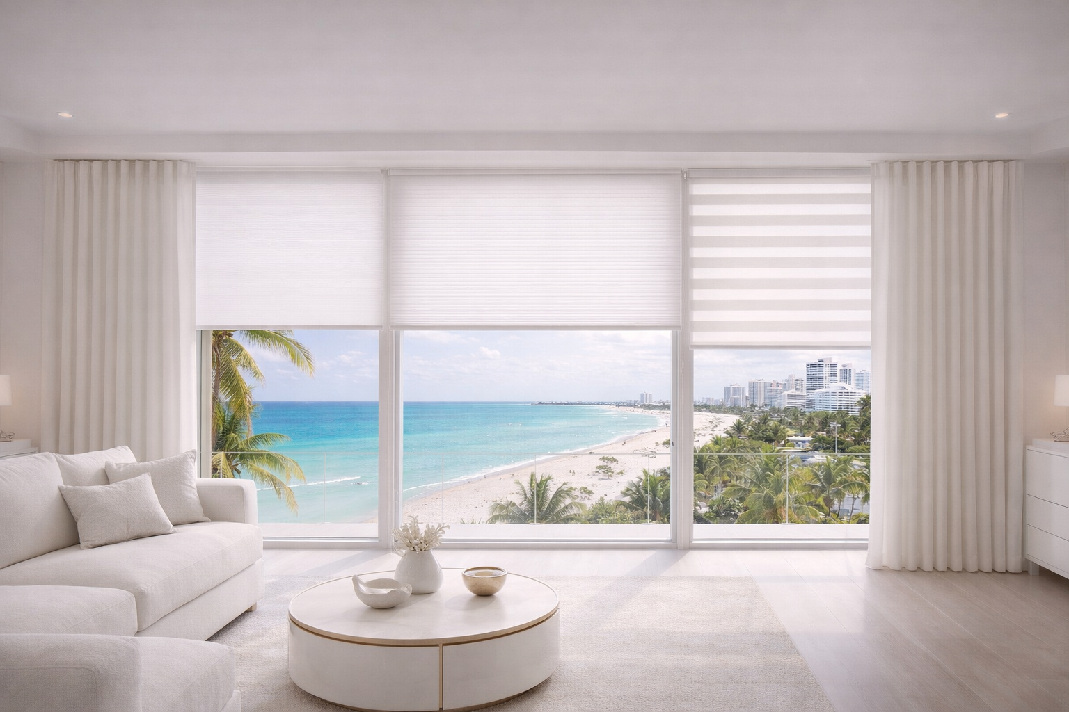 Luxury white sheer drapes and roller shades in a Miami Beach oceanfront living room with turquoise water views by Felicia Interiors LLC