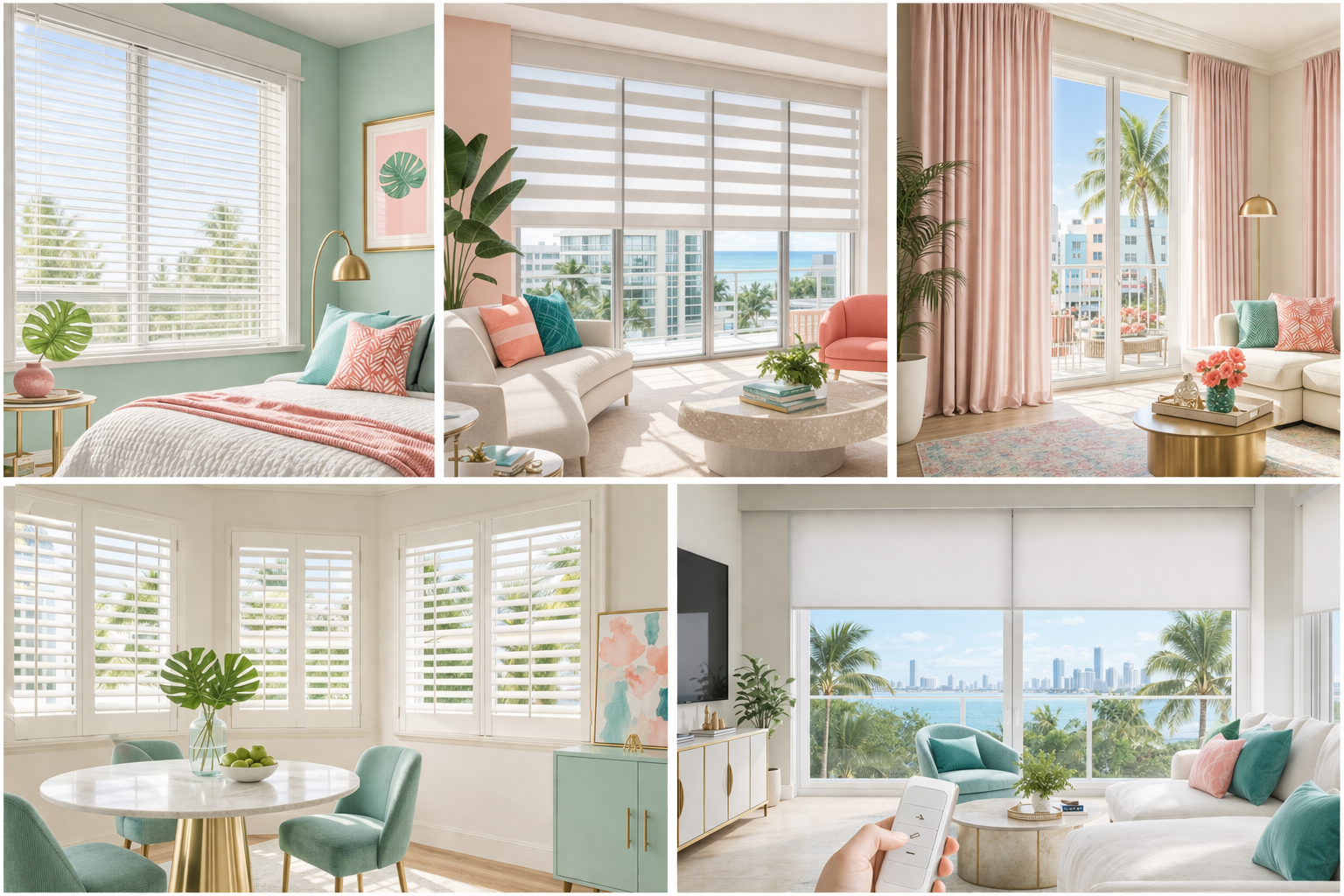 Five photo collage of custom blinds shades drapes and plantation shutters installed in luxury Miami bedrooms and living rooms by Felicia Interiors LLC