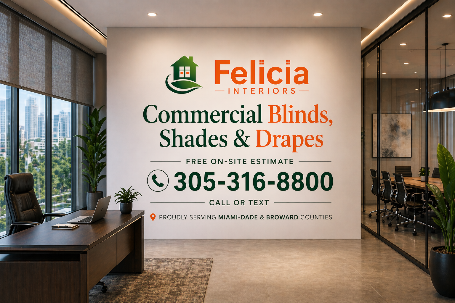 Commercial blinds shades and drapes Felicia Interiors Miami-Dade Broward County office window treatments South Florida