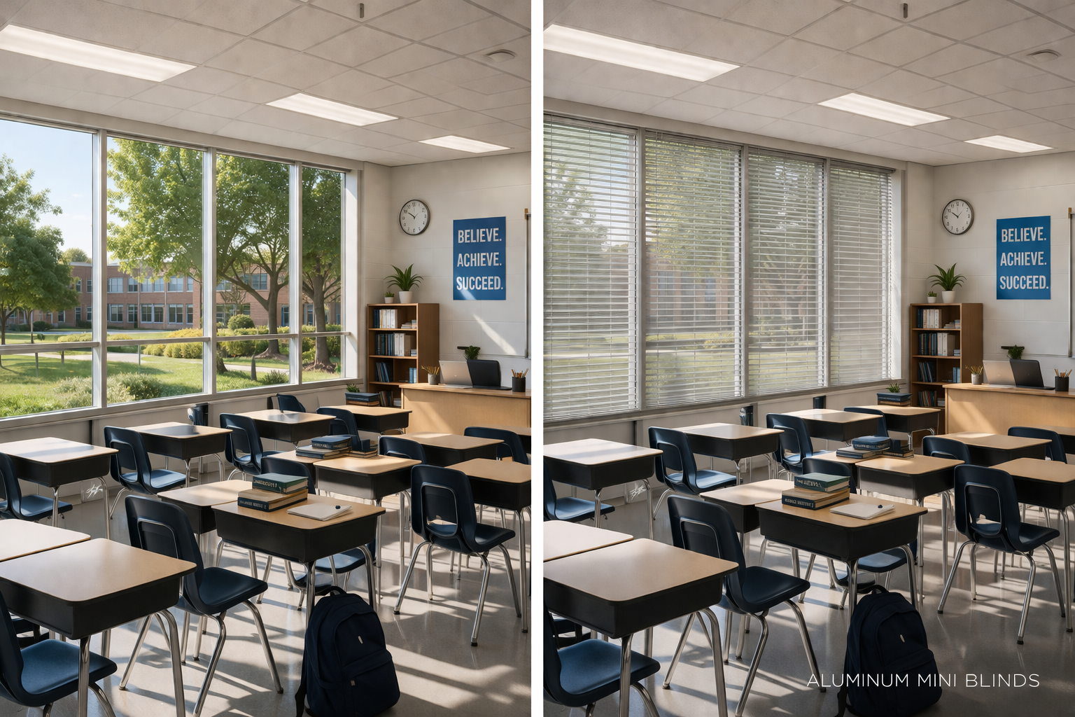 Before and after aluminum mini blinds school classroom educational facility Felicia Interiors Miami-Dade South Florida