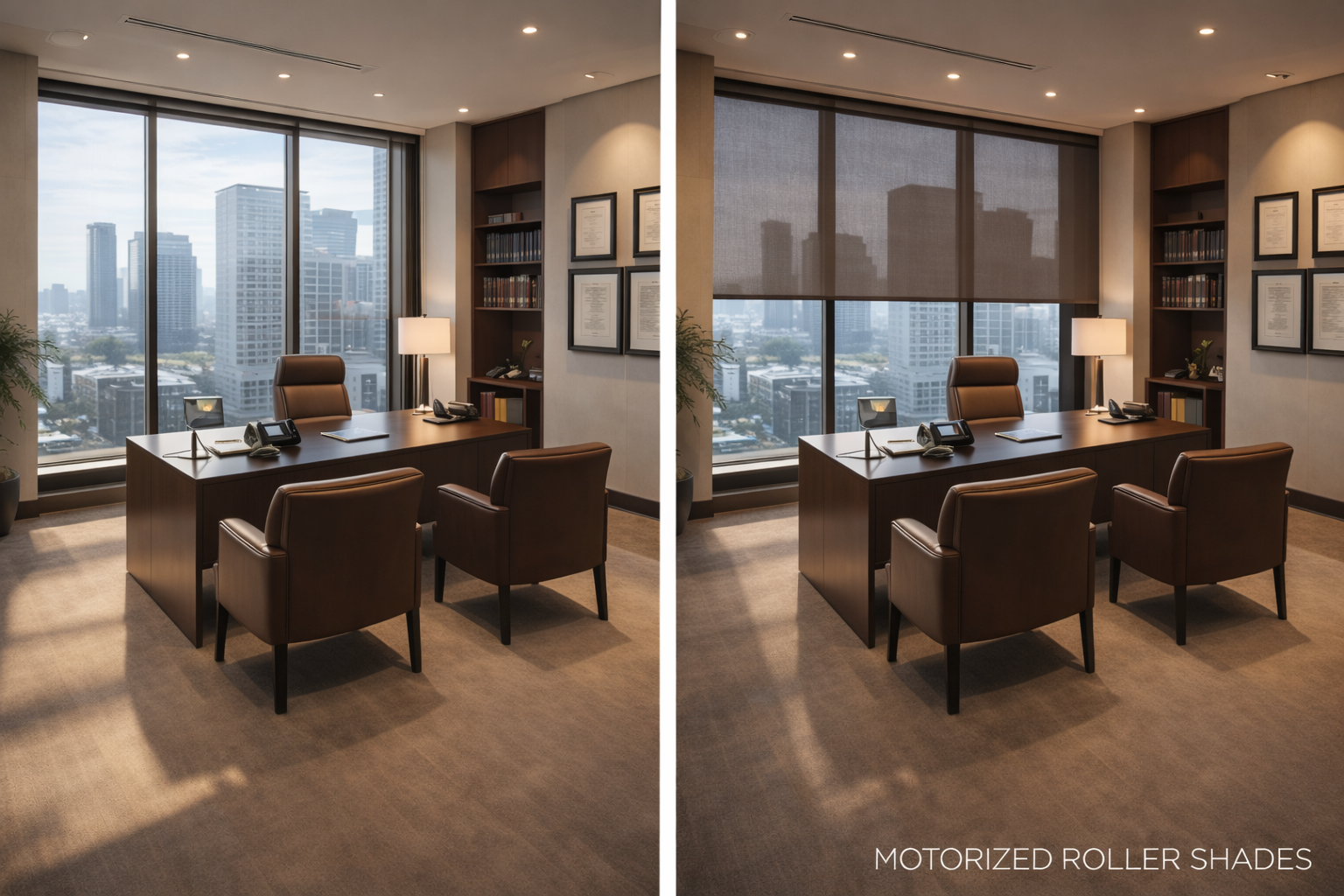 Before and after coffee tone motorized roller shades law office executive suite Felicia Interiors Miami South Florida