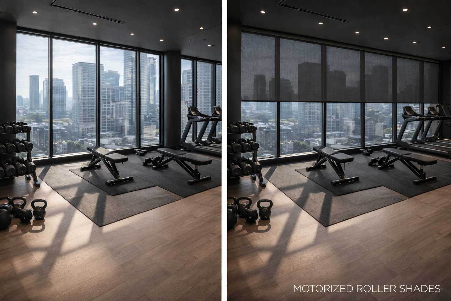 Before and after motorized roller shades luxury gym fitness center Felicia Interiors Miami South Florida