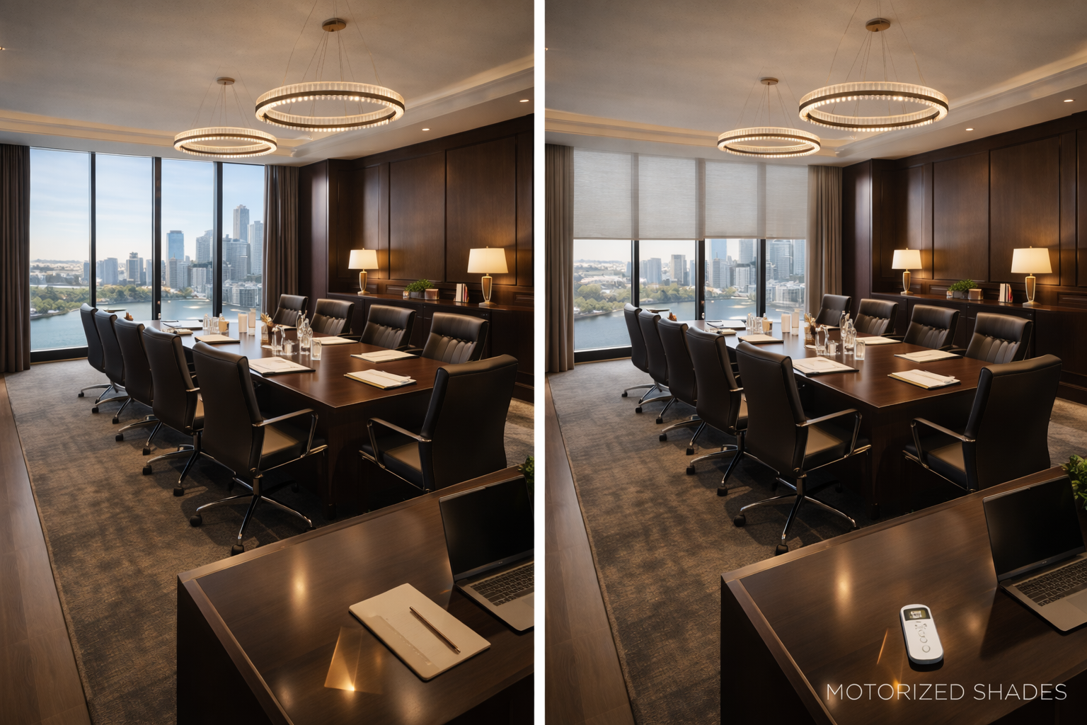 Before and after motorized shades penthouse executive boardroom smart workspace Felicia Interiors Miami South Florida