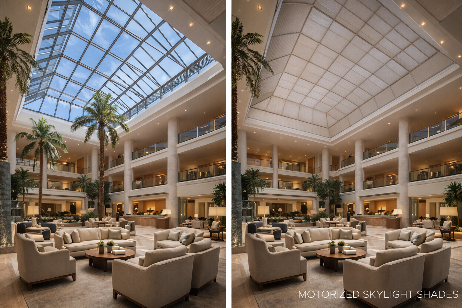Before and after motorized skylight shades hotel atrium commercial lobby glass roof Felicia Interiors Miami South Florida
