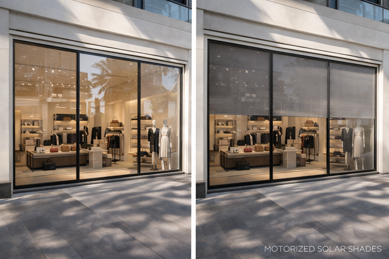 Before and after motorized solar shades retail storefront boutique Felicia Interiors Miami South Florida
