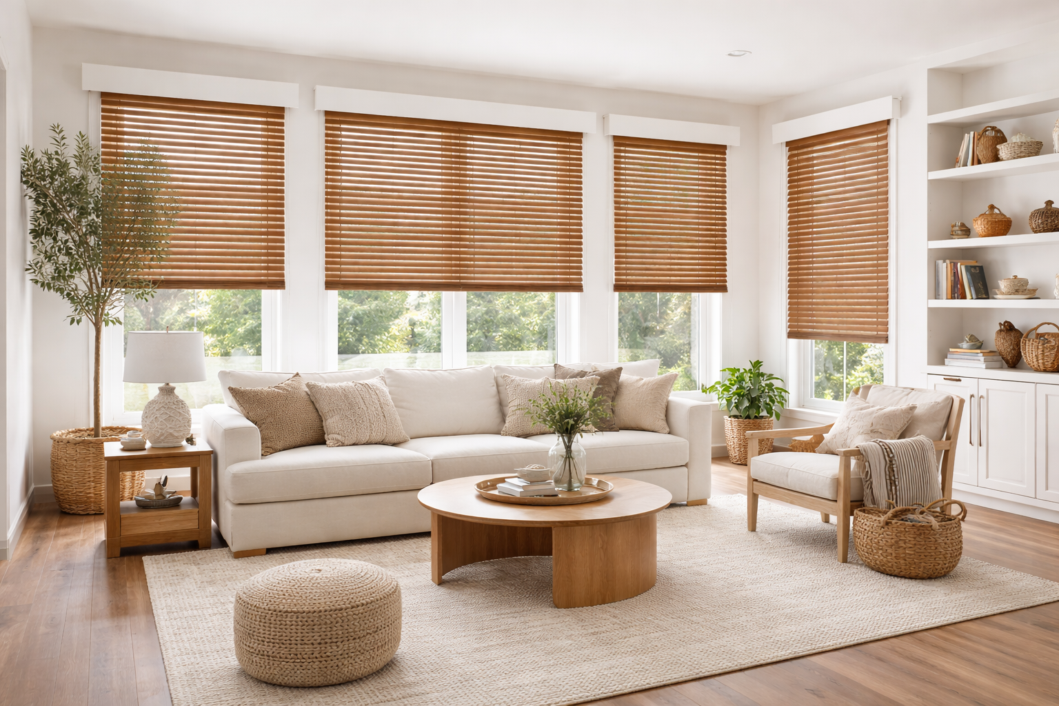 Custom wood blinds warm coastal living room Felicia Interiors South Florida Miami