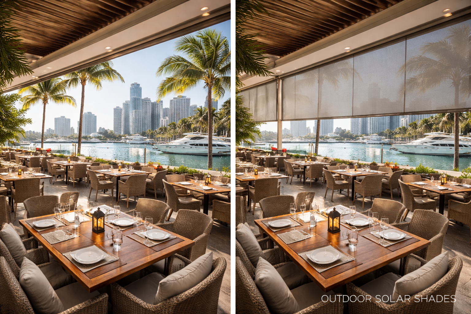Before and after outdoor solar shades waterfront restaurant patio dining space Felicia Interiors Miami South Florida