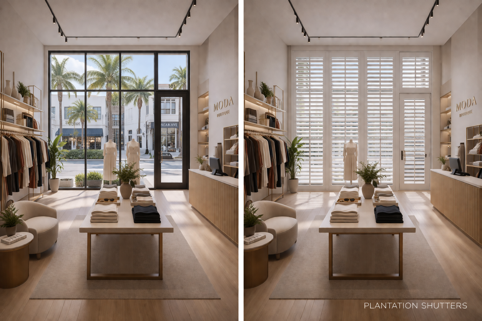 Before and after white plantation shutters luxury retail boutique showroom Felicia Interiors Miami South Florida