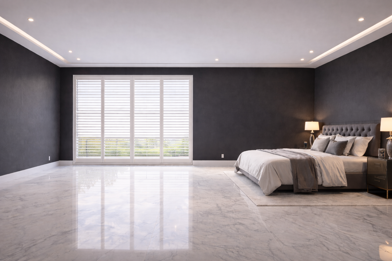 Custom window treatments dramatic luxury bedroom Felicia Interiors Miami-Dade South Florida