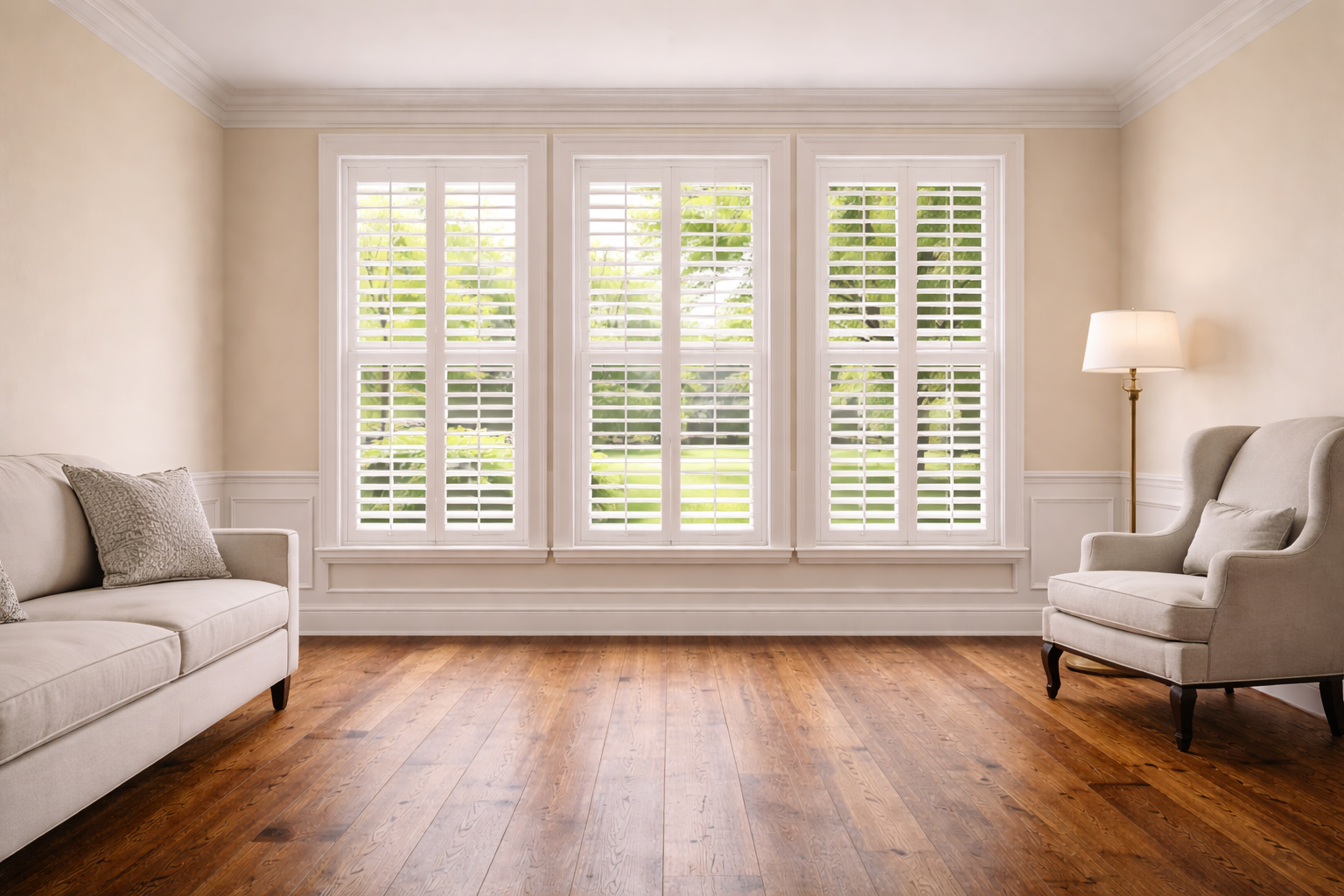 Plantation shutters luxury living room Miami South Florida custom window treatments