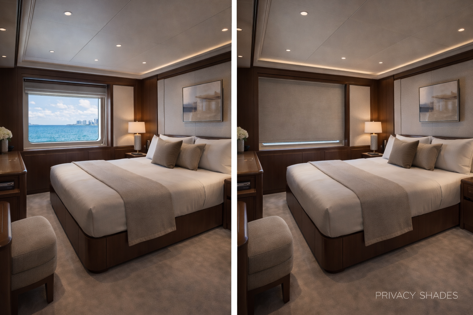 Before and after privacy shades luxury yacht guest cabin crew quarters Felicia Interiors Miami South Florida