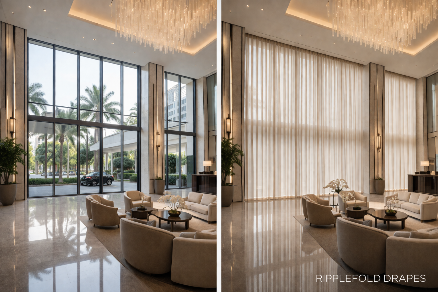 Before and after ripplefold drapes luxury hotel lobby ballroom Felicia Interiors Miami Beach South Florida