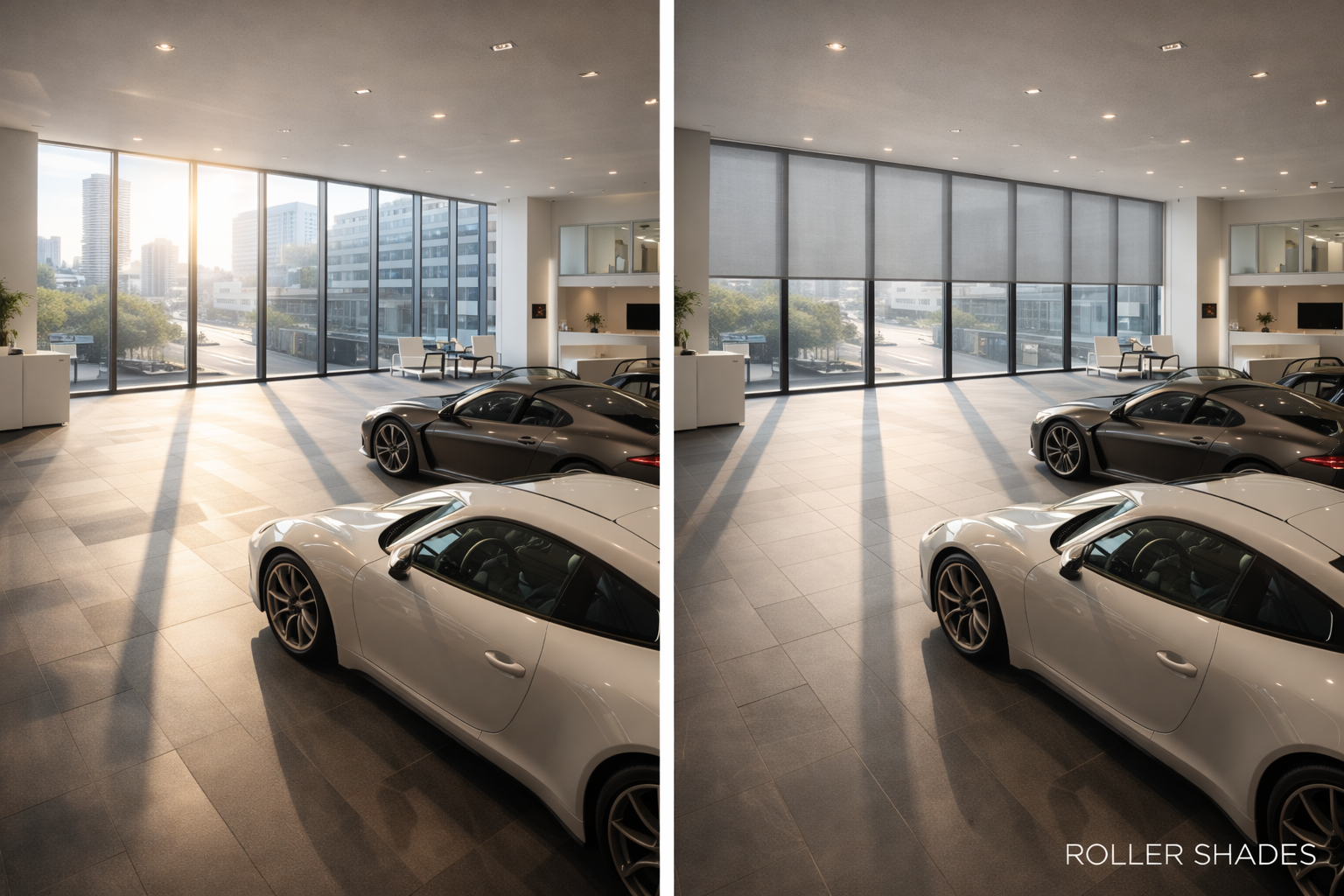 Before and after roller shades luxury car showroom dealership display space Felicia Interiors Miami South Florida