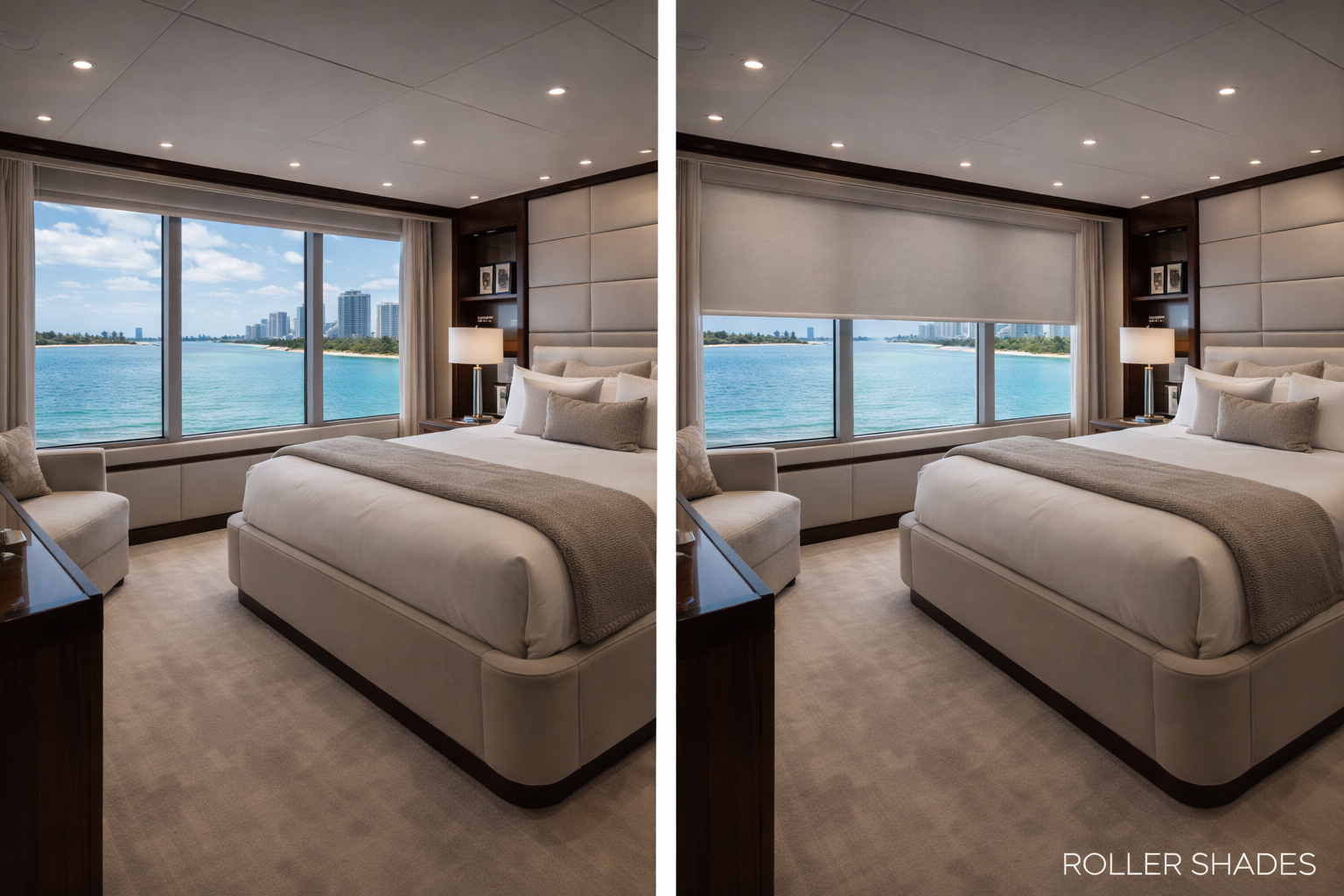 Before and after:
Before and after roller shades luxury yacht master cabin stateroom Felicia Interiors Miami South Florida