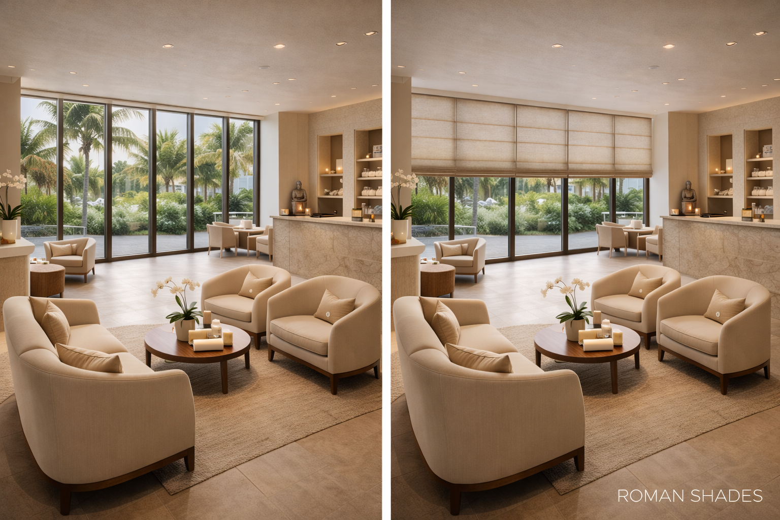 Before and after Roman shades luxury spa wellness center reception area Felicia Interiors Miami South Florida