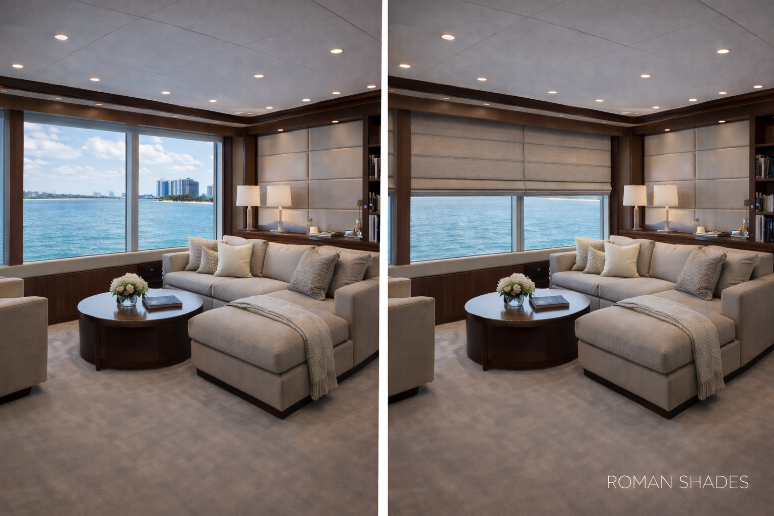 Before and after:
Before and after Roman shades luxury yacht owner's suite reading lounge Felicia Interiors Miami South Florida