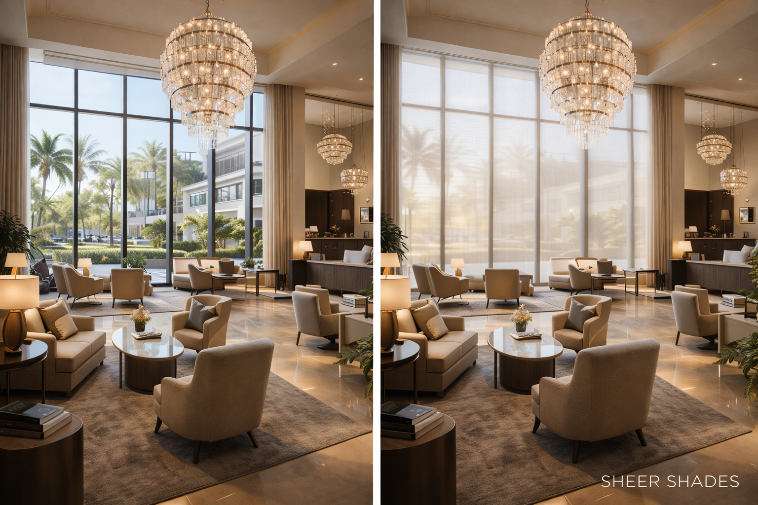 Before and after sheer shades luxury hotel lobby resort hospitality space Felicia Interiors Miami South Florida