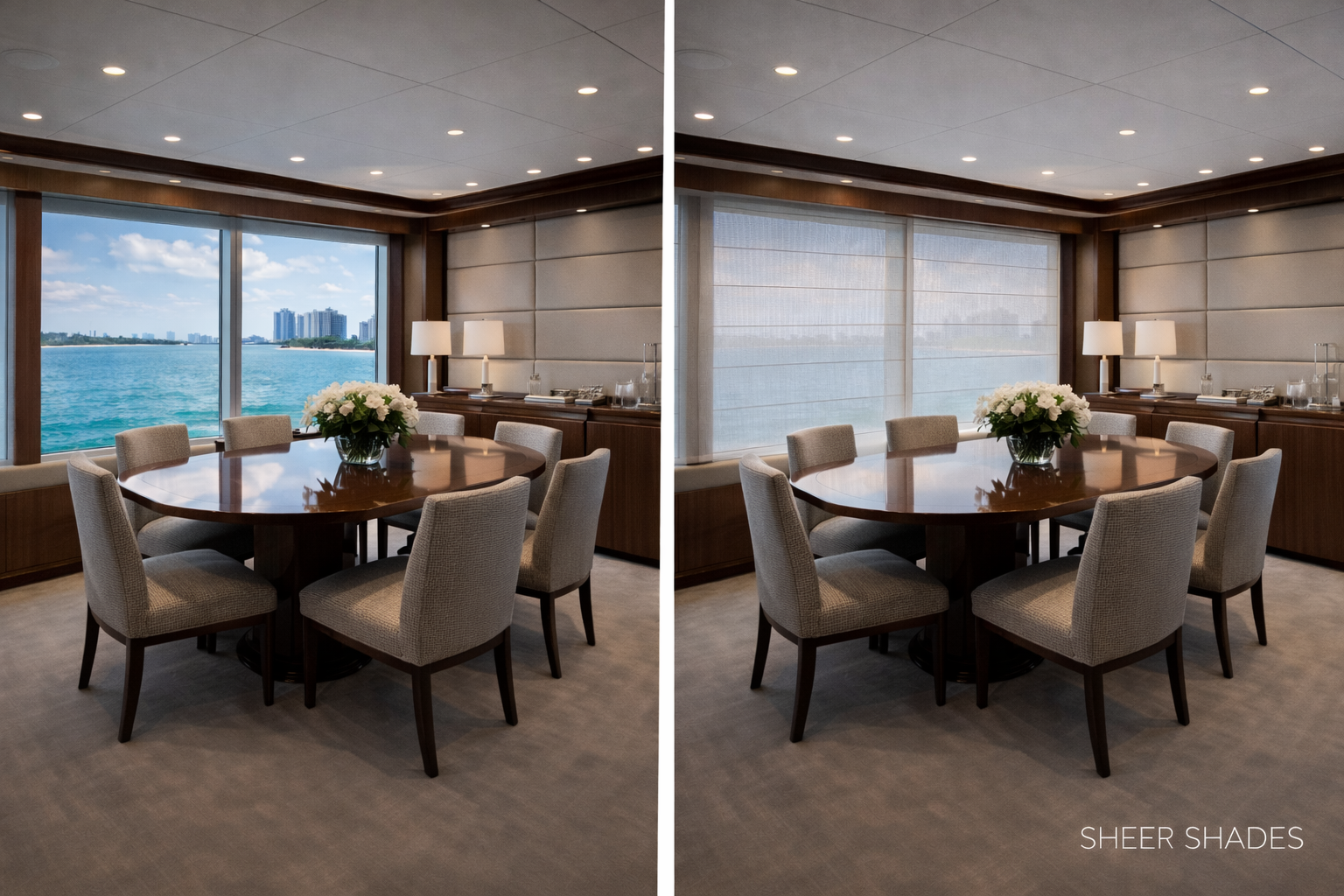 Before and after sheer shades luxury yacht dining salon sky lounge Felicia Interiors Miami South Florida