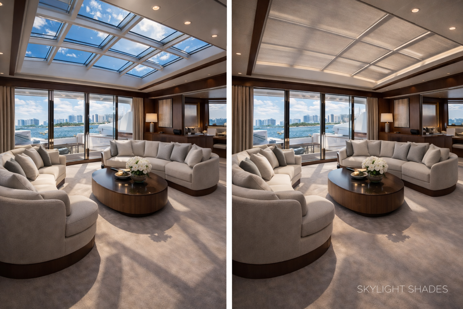 Before and after skylight shades luxury yacht upper deck lounge glass ceiling Felicia Interiors Miami South Florida