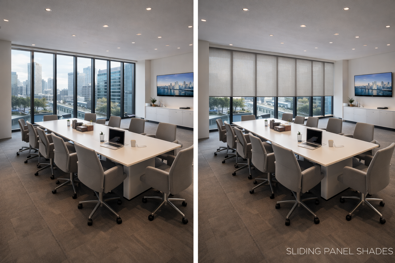 Before and after modern conference room with light gray sliding panel shades installed on large glass windows in South Florida.