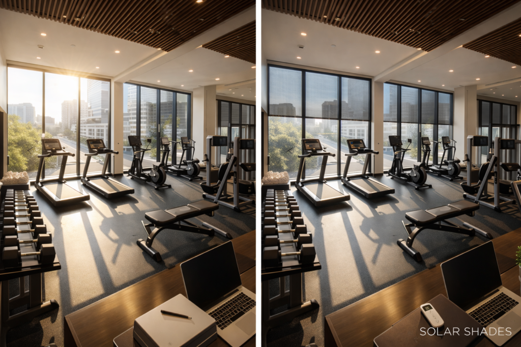 Before and after charcoal solar shades luxury gym fitness center city view Felicia Interiors Miami South Florida