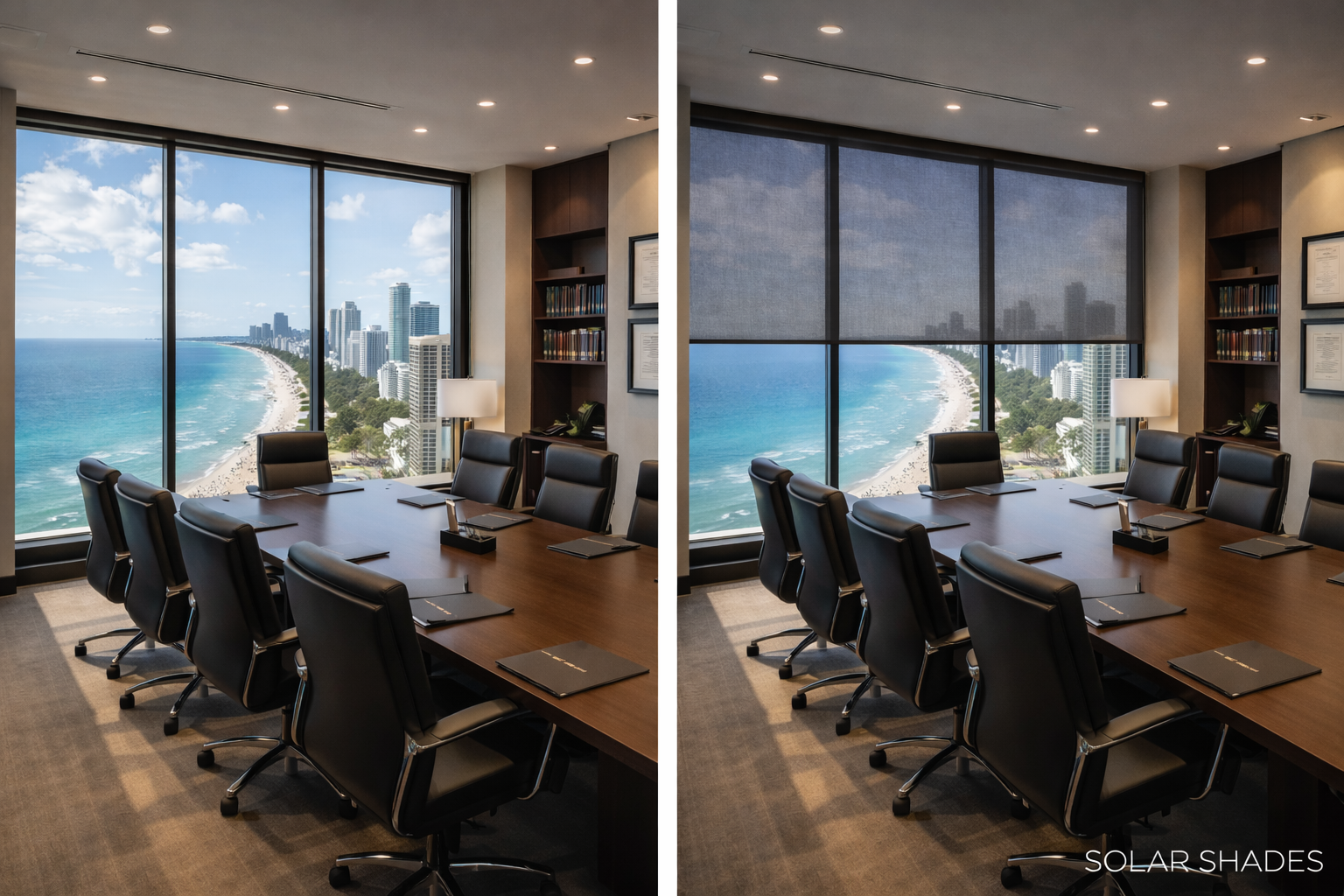 Before and after solar shades oceanfront law office conference room large glass windows Felicia Interiors Miami