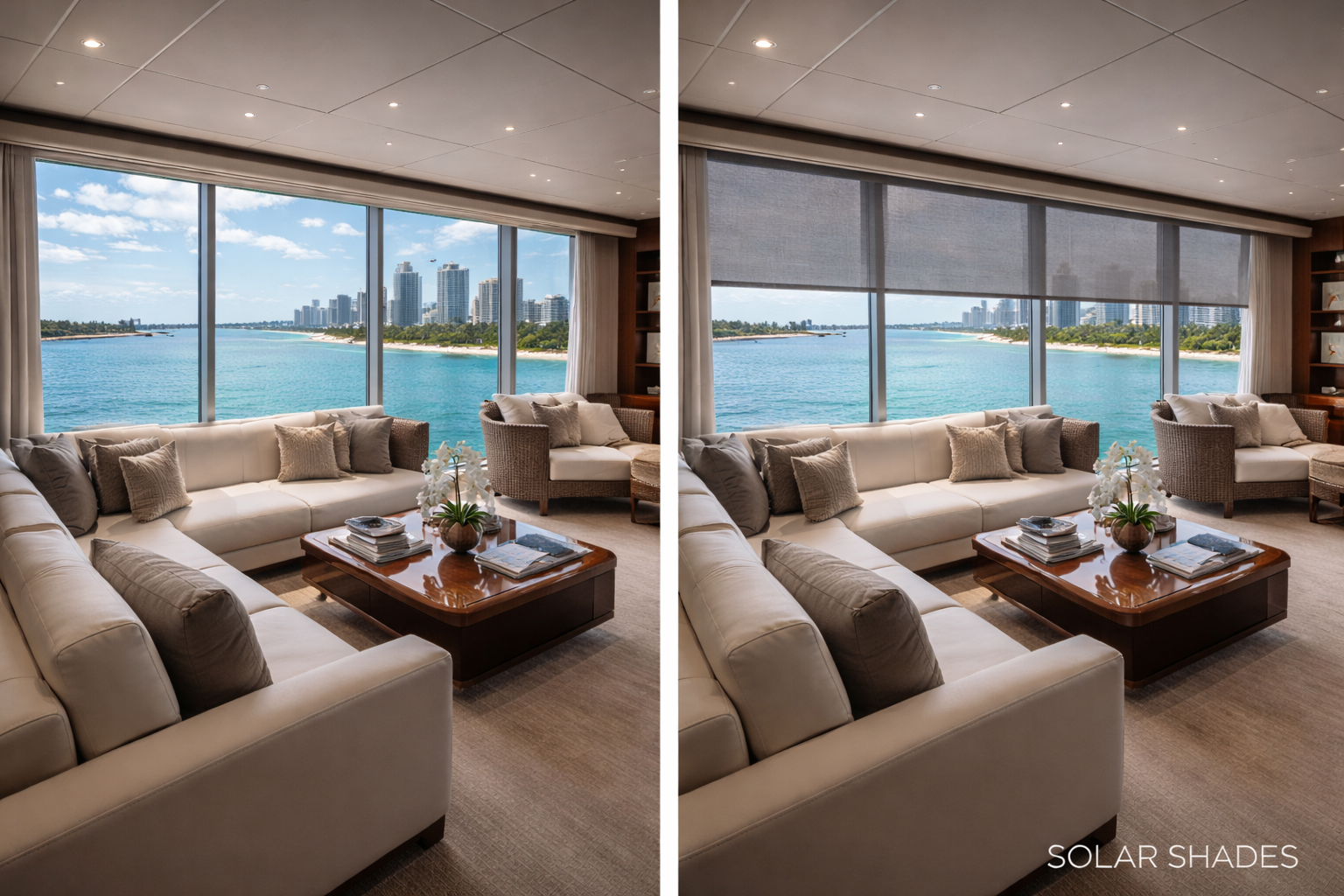 Before and after:
Before and after solar shades luxury yacht salon Miami skyline marine interior Felicia Interiors South Florida