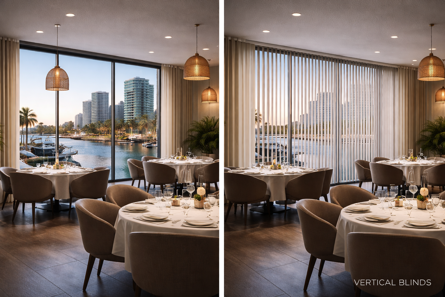 Before and after vertical blinds waterfront restaurant dining space Felicia Interiors Miami South Florida