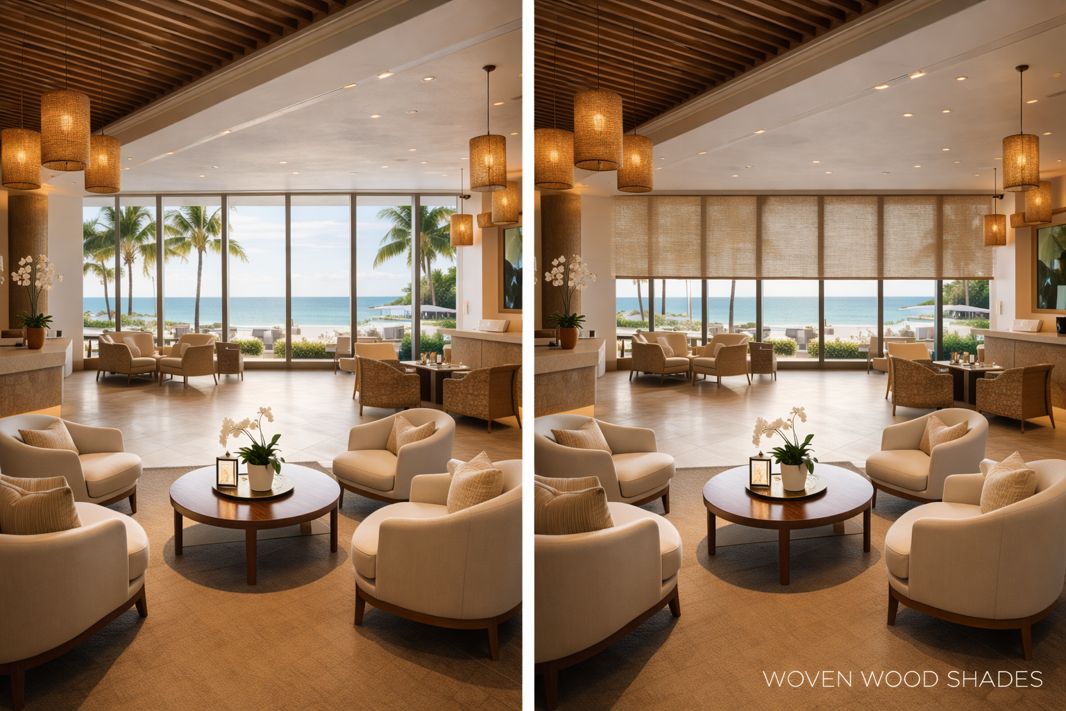 Before and after natural woven wood shades coastal resort beach club luxury hospitality Felicia Interiors Miami South Florida