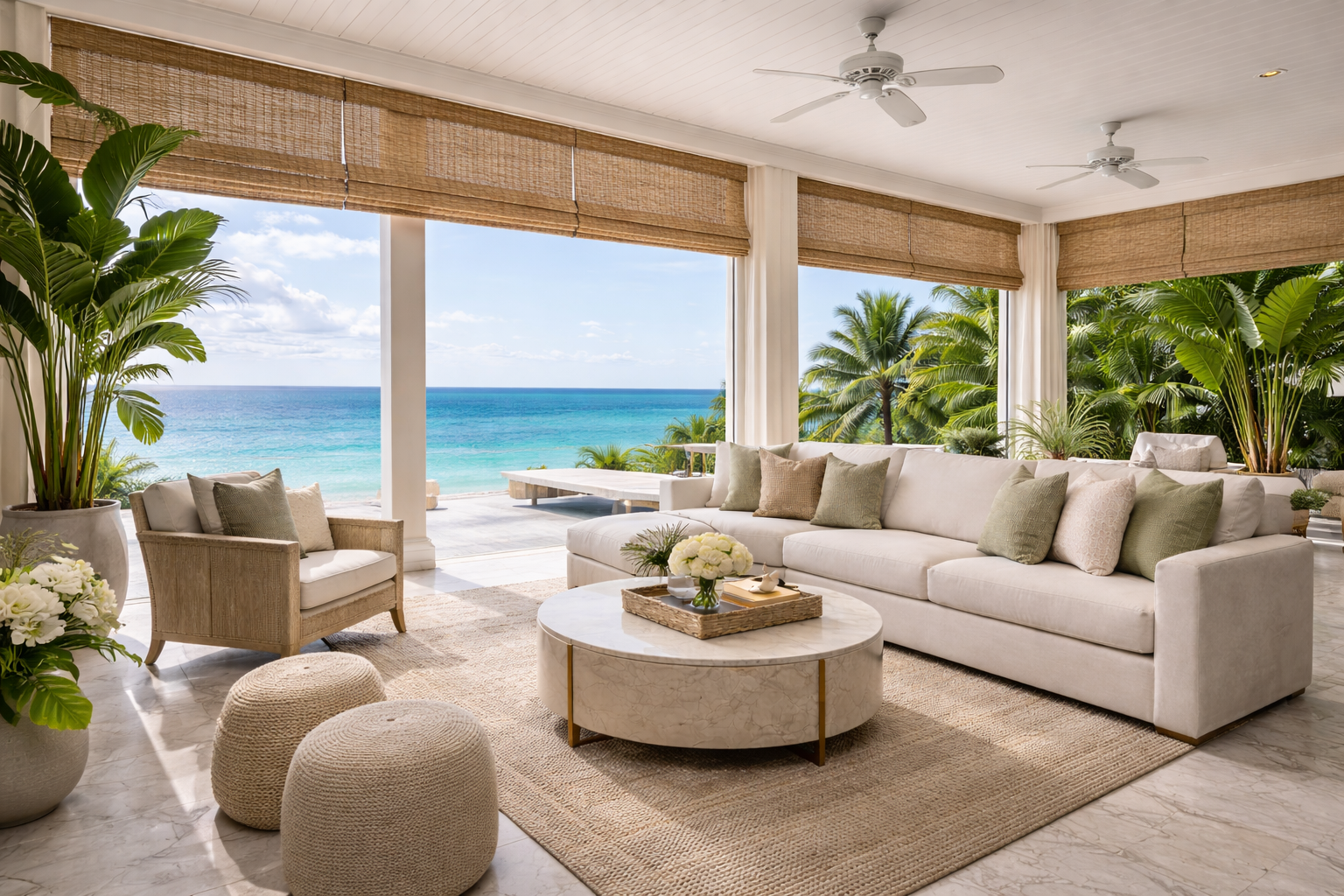 Natural woven wood shades oceanfront luxury living room Felicia Interiors Coconut Grove South Florida