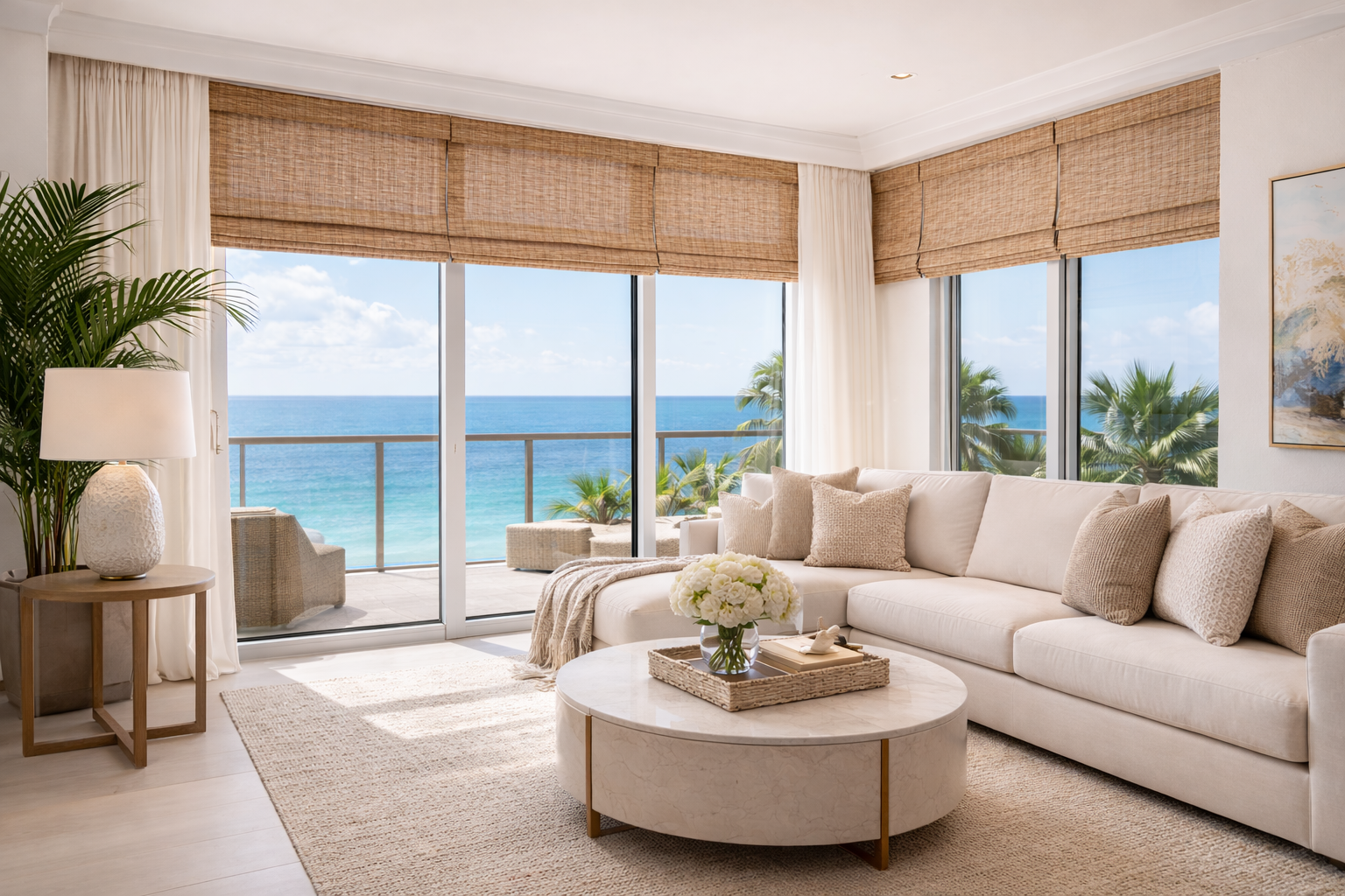 Natural woven bamboo shades oceanfront luxury living room Felicia Interiors Miami Beach South Florida