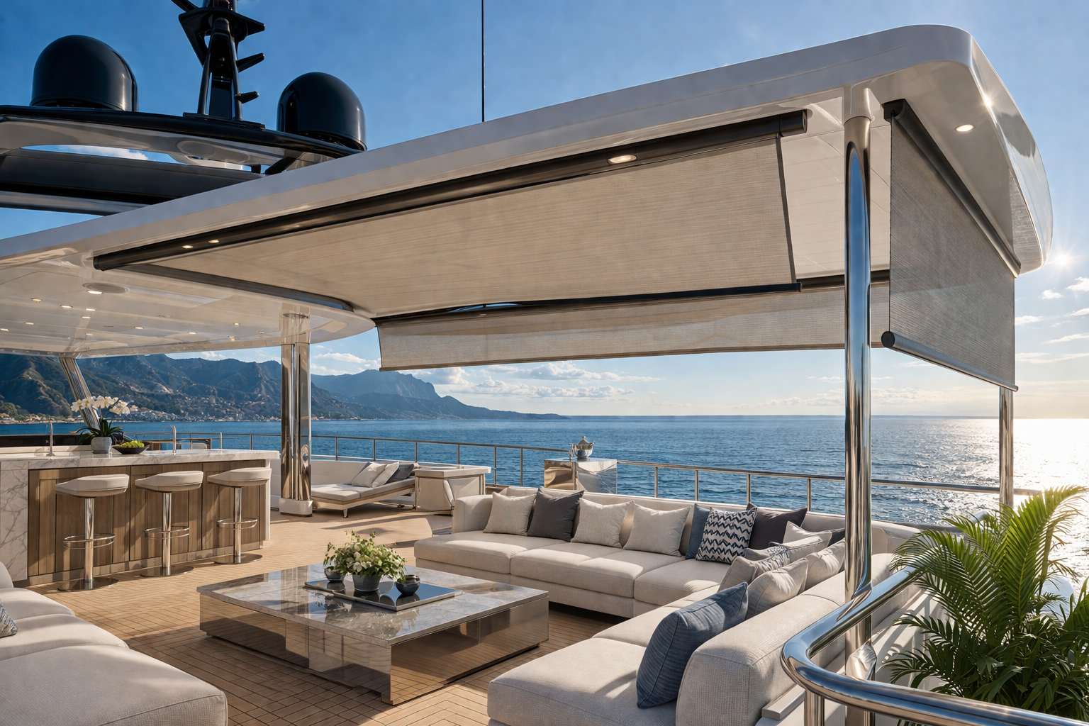 Superyacht upper deck:
Luxury superyacht upper deck outdoor lounge retractable shade system Felicia Interiors Miami South Florida
