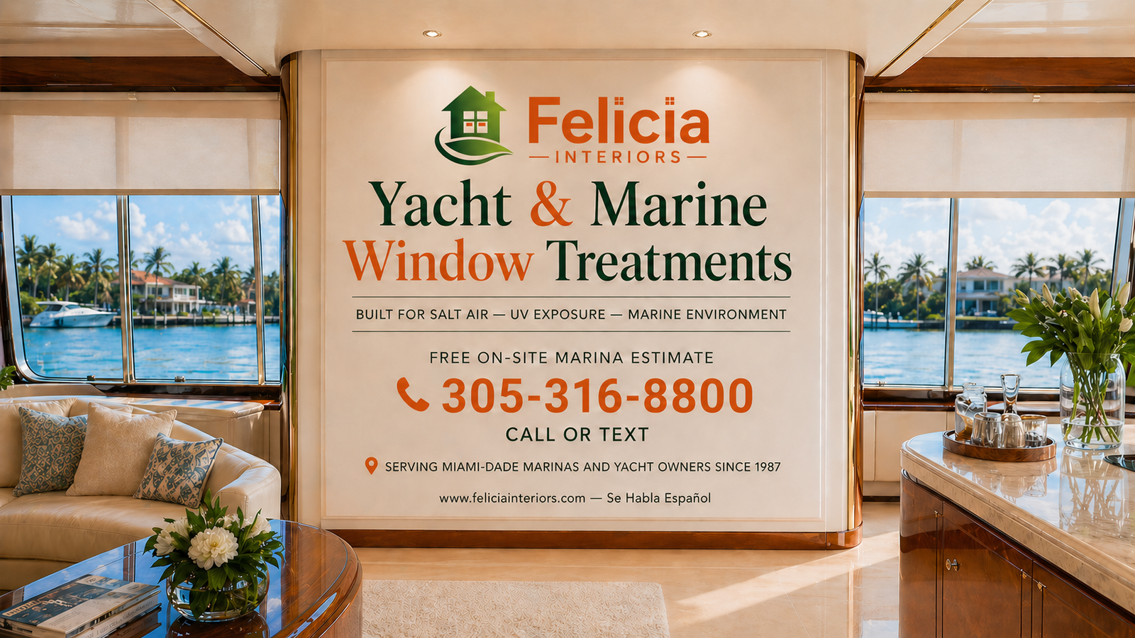 Felicia Interiors yacht marine window treatments banner luxury yacht salon Miami-Dade South Florida 305-316-8800