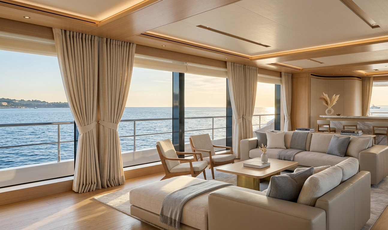Custom drapery panels luxury yacht salon ocean view Felicia Interiors Miami South Florida