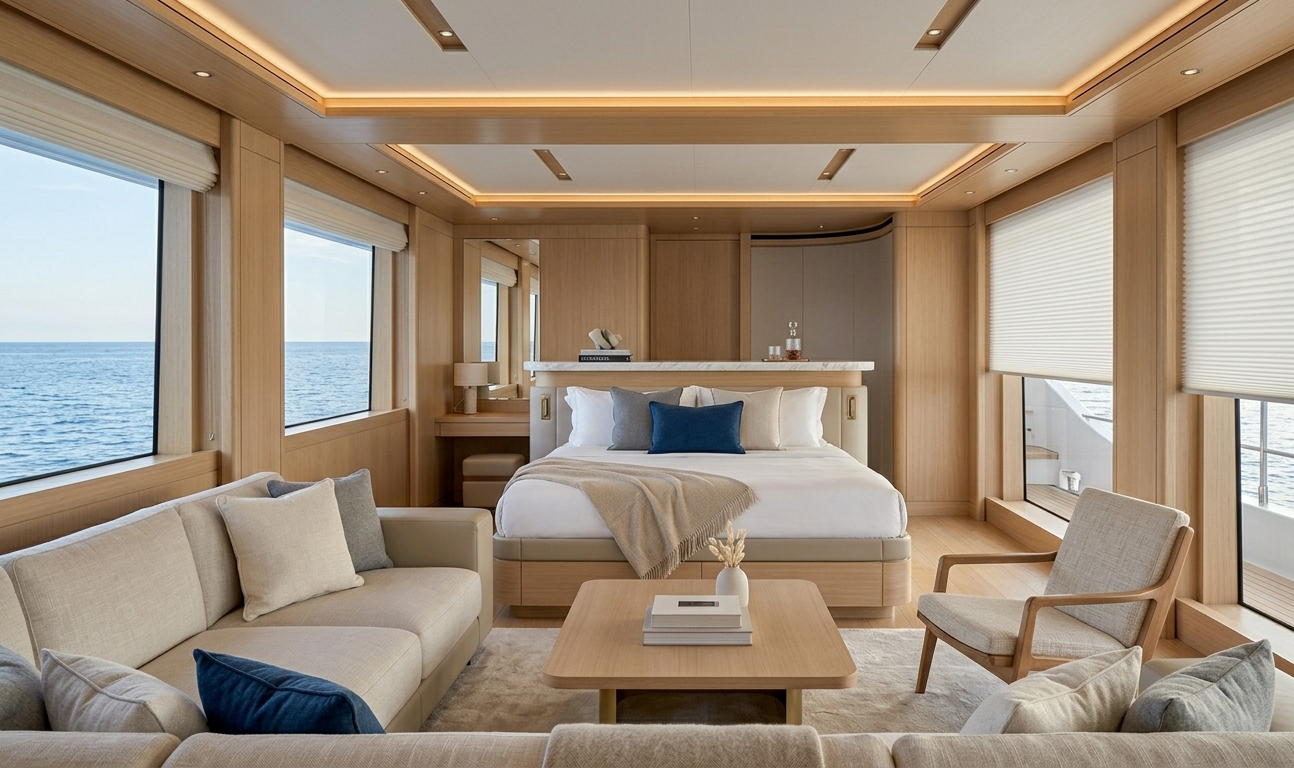 Custom roller shades luxury yacht master stateroom ocean view Felicia Interiors Miami South Florida