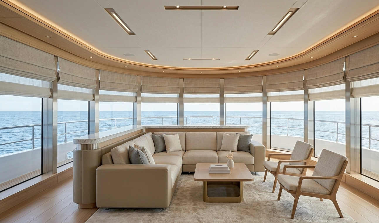 Custom window treatments luxury yacht panoramic upper deck salon curved windows Felicia Interiors Miami South Florida