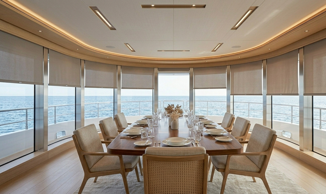 
Custom drapery panels roller shades luxury yacht main salon ocean view Felicia Interiors Miami South Florida