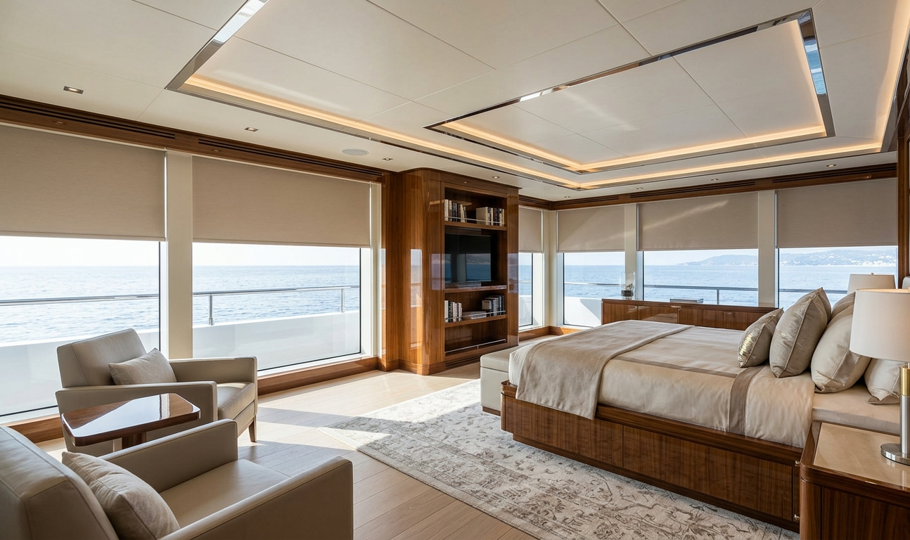 Custom privacy roller shades luxury yacht owner lounge private retreat Felicia Interiors Miami South Florida
