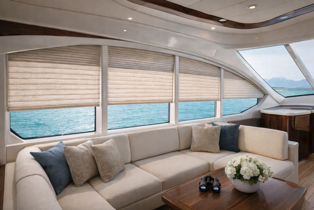Felicia Interiors custom yacht interior window treatments marine shades Key Biscayne South Florida